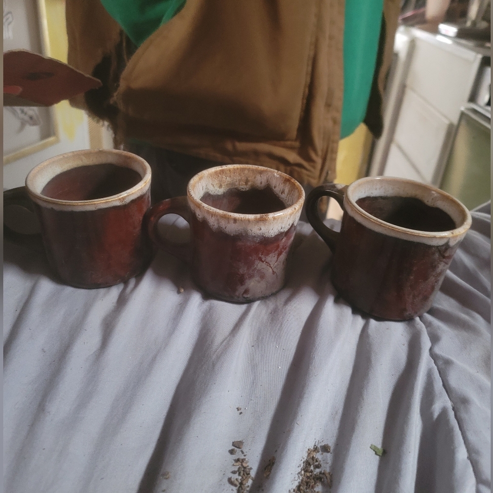 Set of Three Brown Ceramic Mugs